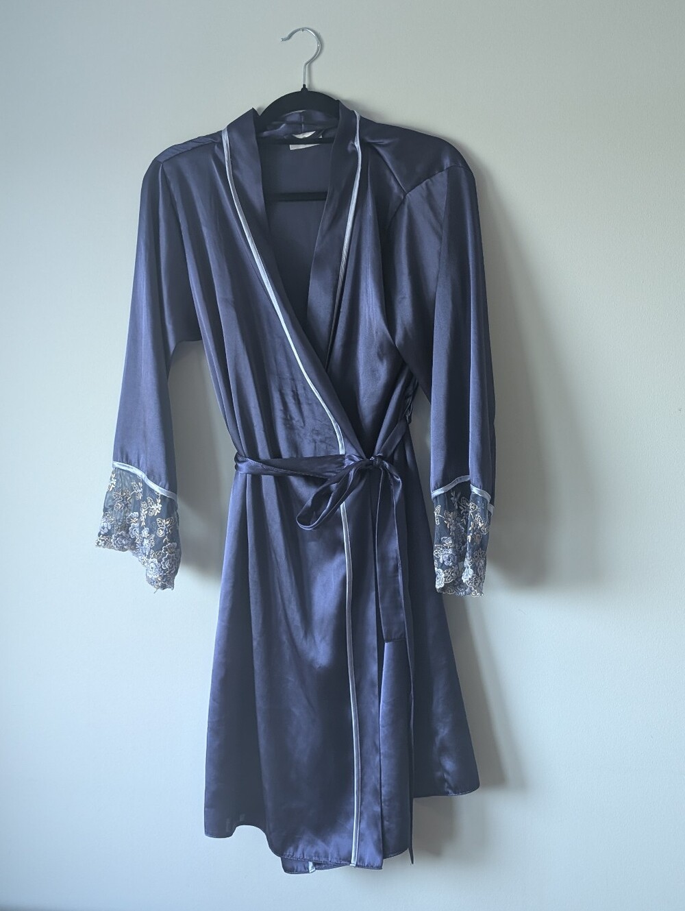 Vintage C&A European Silky Navy Lace-Trim Wrap Robe - Women Intimates
